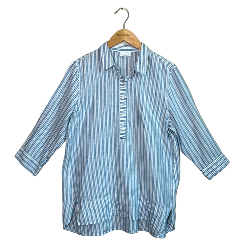J. JILL Love Linen Medium Blue White 3/4 Sleeve Popover Tunic Top Beachy Boho